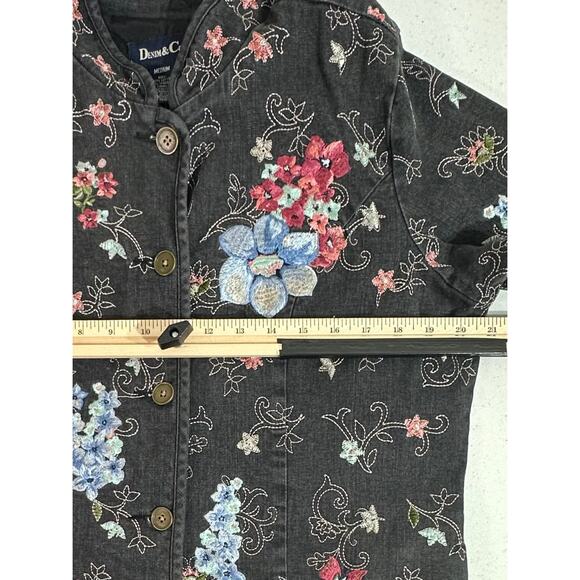 Denim & Co Denim Jacket Charcoal Gray Wash Multicolor Floral Embroidery Medium - Picture 7 of 9